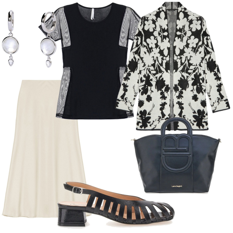 Outfit donna - Da signora. per Ufficio. Abbinamento con orecchini, t-shirt, gonne longuette, décolleté, cardigans, borse a tracolla.