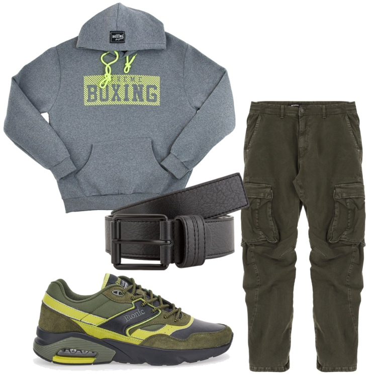 Outfit uomo - Felpa e cargo. Stile Urban per Tutti i giorni. Abbinamento con pantaloni cargo, sneakers, felpe con cappuccio, cinture.