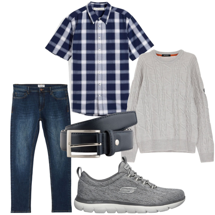 Outfit uomo - Minimal a quadri. Stile Trendy per Tutti i giorni. Abbinamento con camicie a manica corta, jeans skinny, maglieria, sneakers, cinture.