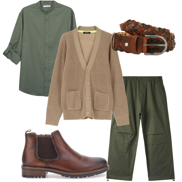 Outfit uomo - Green fashion. Stile Trendy per Tutti i giorni. Abbinamento con camicie, pantaloni, cardigans, cinture, scarpe stringate.