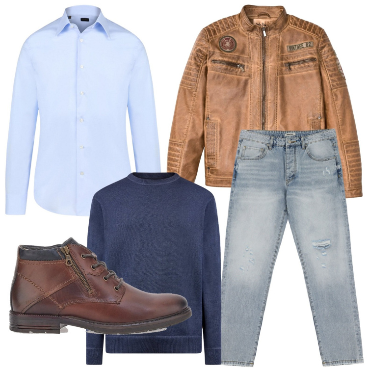 Outfit uomo - Vestire a strati. Stile Biker Rock per Serata speciale. Abbinamento con giacche, jeans strappati, scarpe stringate, maglieria, camicie.