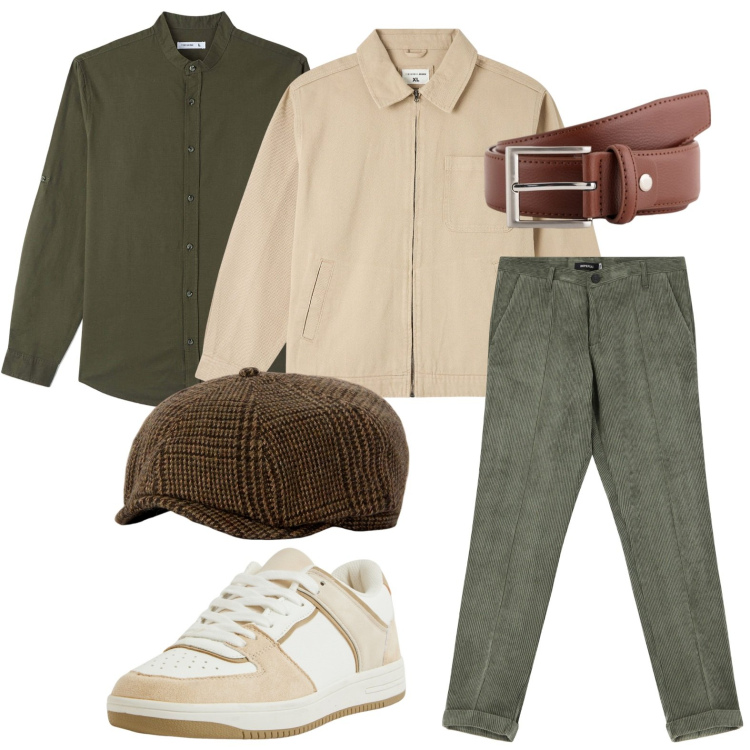 Outfit uomo - I colori della natura. Stile Trendy per Tutti i giorni. Abbinamento con camicie, giacche, sneakers, pantaloni, cappelli, cinture.