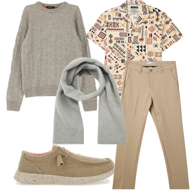 Outfit uomo - Il maglione Must-have. Stile Trendy per Tutti i giorni. Abbinamento con camicie a manica corta, sciarpe e foulard, pantaloni chino, maglieria, scarpe stringate.