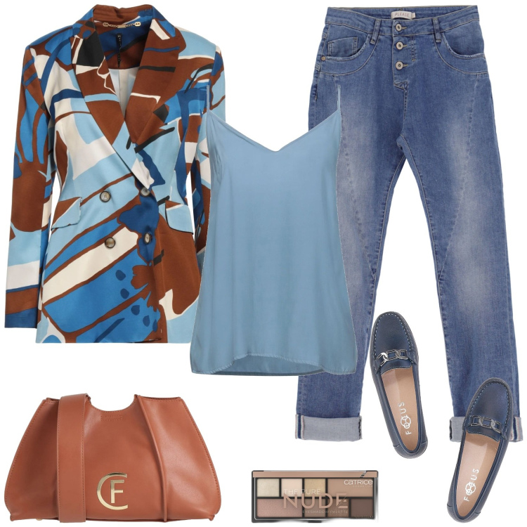 Outfit donna - Blazer multicolor. Stile Casual per Tutti i giorni. Abbinamento con blazer, borse a tracolla, top, ombretti, jeans slim fit, mocassini.