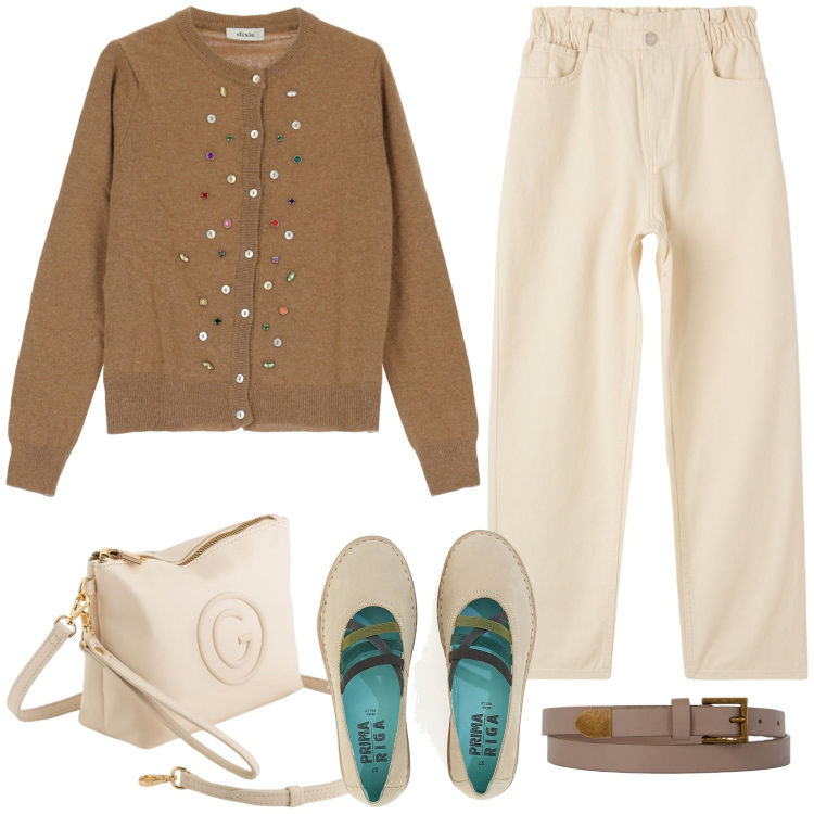 Outfit donna - Total look #2079613. Stile Casual per Scuola/Università. Abbinamento con pantaloni, cardigans, ballerine, cinture, valigie.