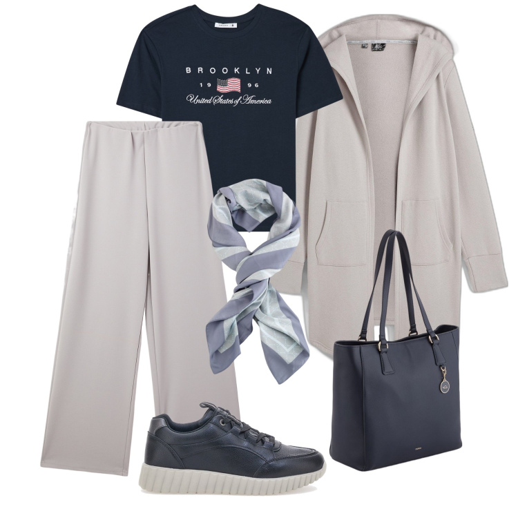 Outfit donna - Mattina fresca, pomeriggio caldo. Stile Urban per Tutti i giorni. Abbinamento con blazer, pantaloni, t-shirt, sneakers, shopping bag, foulard.