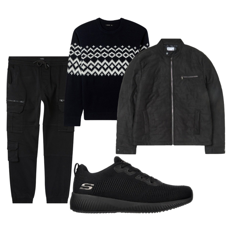 Outfit uomo - Total look #2079619. Stile Casual per Tutti i giorni. Abbinamento con maglieria, pantaloni cargo, giacche, sneakers.