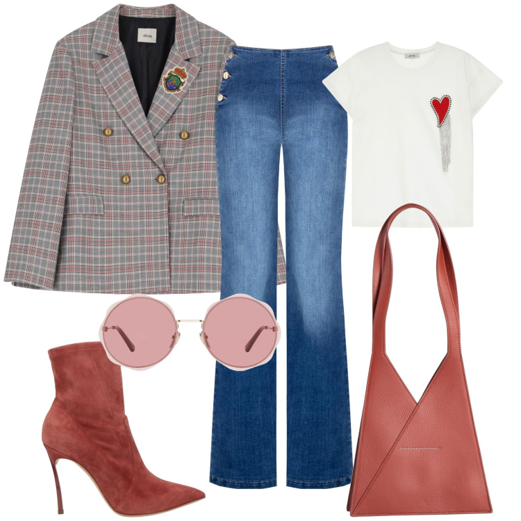 Outfit donna - con amore. Stile Casual chic per Tutti i giorni. Abbinamento con borse a spalla, stivaletti, occhiali da sole, jeans, blazer, t-shirt.