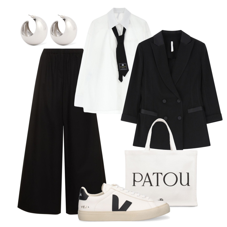 Outfit donna - Cravatta e sneakers al lavoro. Stile Casual chic per Ufficio. Abbinamento con camicie, blazer, pantaloni, sneakers, shopping bag, orecchini.