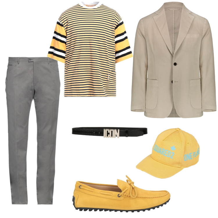 Outfit uomo - Passeggiata al parco. Stile Trendy per Tutti i giorni. Abbinamento con pantaloni, cinture, t-shirt, scarpe stringate, cappelli, giacche.