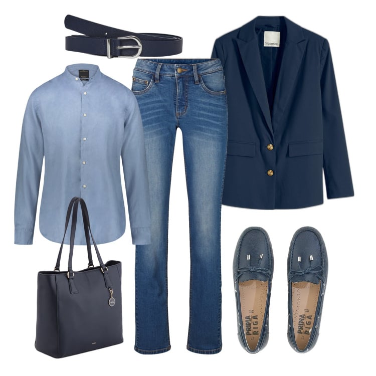 Outfit donna - In ordine per ogni occasione. Stile Sporty chic per Tutti i giorni. Abbinamento con jeans dritti, blazer, cinture, mocassini, camicie, shopping bag.