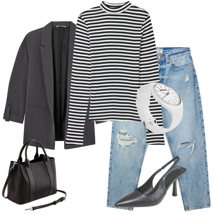 Outfit donna - Easy chic di mezza stagione. Stile Casual per Tutti i giorni. Abbinamento con jeans mom, blazer, t-shirt, décolleté, orologi, borse a mano.