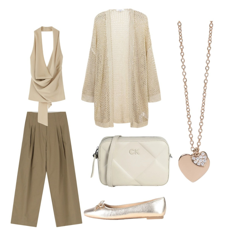 Outfit donna - Total look #2079633. Stile Casual chic per Ufficio. Abbinamento con borse a tracolla, ballerine, kimono, ciondoli, pantaloni, top.