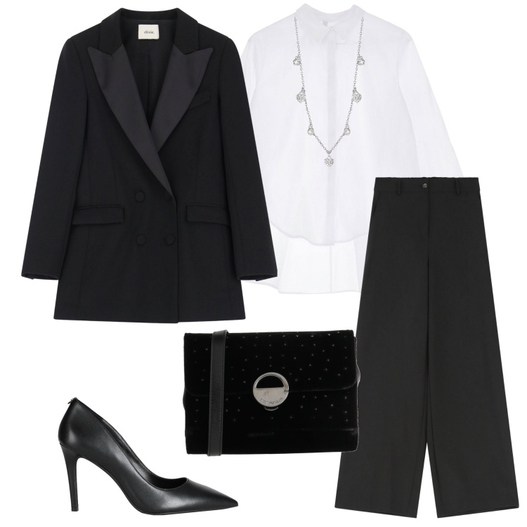 Outfit donna - Cerimonia a marzo. Stile Chic per Cerimonia. Abbinamento con décolleté, borse a tracolla, collane, camicie, pantaloni a palazzo, blazer.