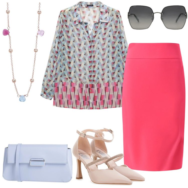 Outfit donna - Curvy Style. Stile Chic per Tutti i giorni. Abbinamento con occhiali da sole, borse a tracolla, collane, gonne, décolleté, camicie.