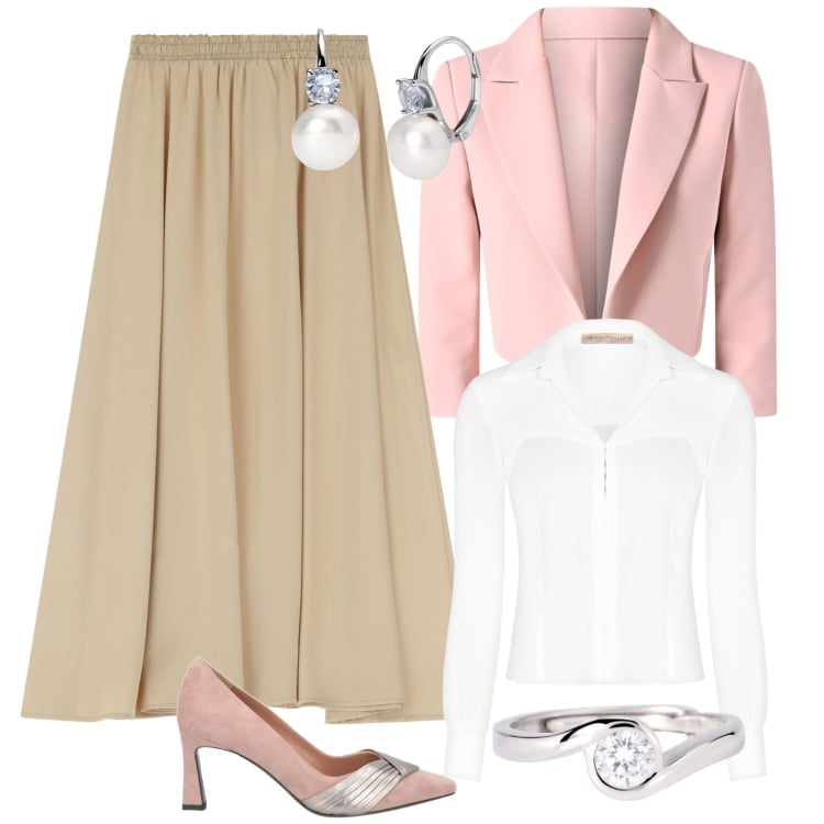 Outfit donna - Per Gusti Raffinati. Stile Bon Ton per Ufficio. Abbinamento con décolleté, orecchini, anelli, blazer, bluse, gonne lunghe.