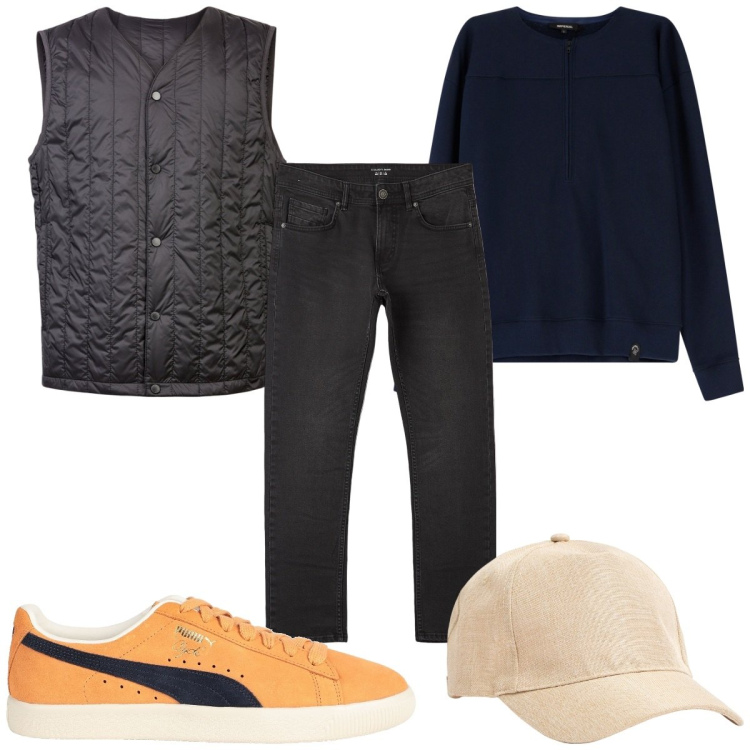 Outfit uomo - Total look #2079668. Stile Casual per Tutti i giorni. Abbinamento con sneakers, jeans dritti, cappelli, felpe, piumini.