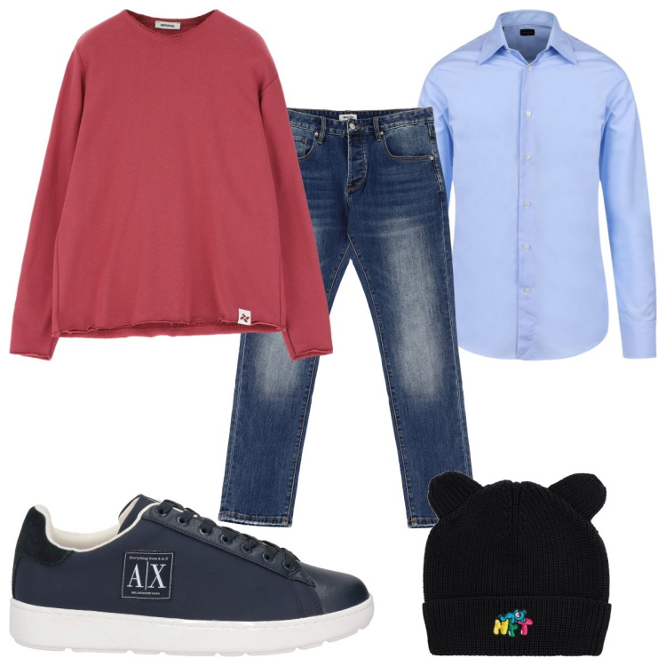 Outfit uomo - Total look #2079669. Stile Trendy per Tutti i giorni. Abbinamento con sneakers, felpe, jeans dritti, camicie, cappelli.