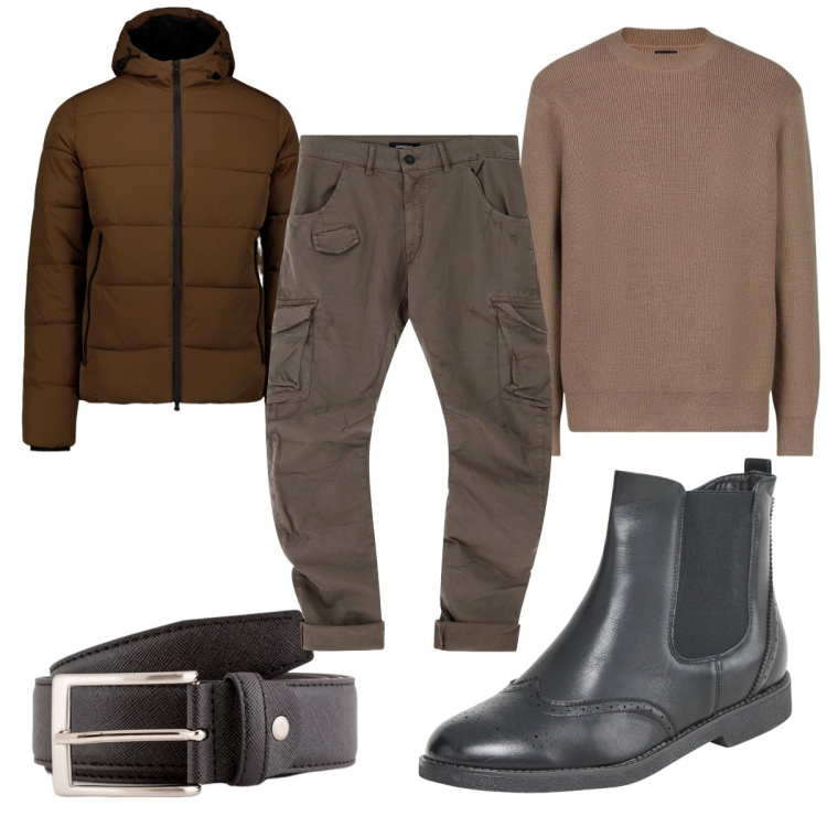 Outfit uomo - Total look #2079682. Stile Trendy per Tutti i giorni. Abbinamento con stivali e stivaletti, pantaloni cargo, maglieria, piumini, cinture.