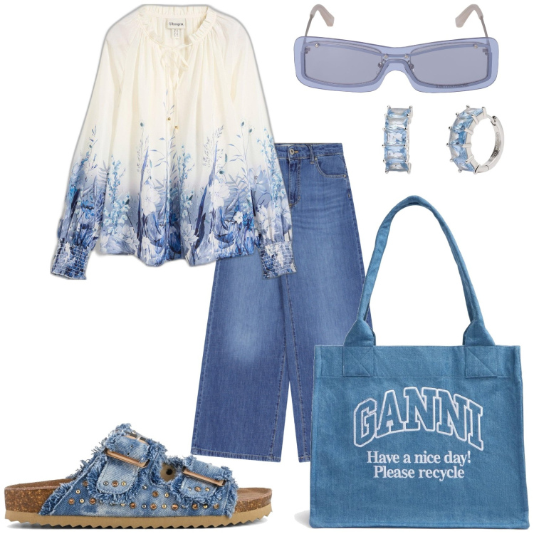 Outfit donna - Inizia il caldo. Stile Casual per Tutti i giorni. Abbinamento con bluse, orecchini, pantaloni a palazzo, sandali, shopping bag, occhiali da sole.