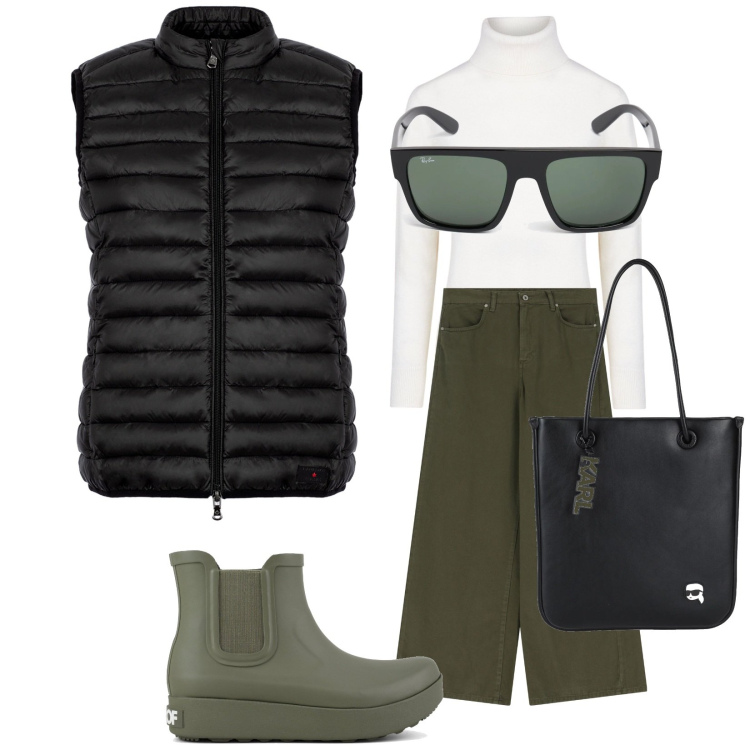 Outfit donna - Esco da sola. Stile Casual per Tutti i giorni. Abbinamento con borse a spalla, jeans, piumini, maglieria, stivali, occhiali da sole.