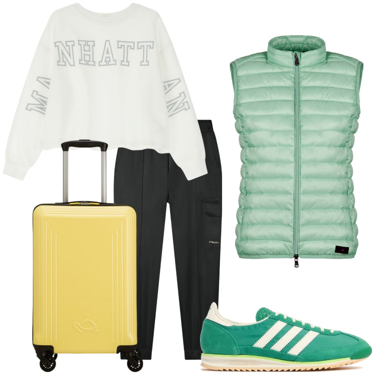 Outfit donna - Weekend. Stile Casual per Tutti i giorni. Abbinamento con felpe, pantaloni cargo, piumini, sneakers, valigie.