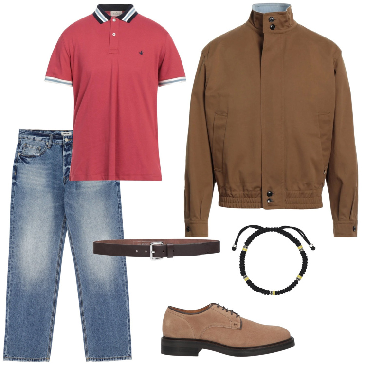 Outfit uomo - Al bar con gli amici. Stile Casual per Tutti i giorni. Abbinamento con cinture, scarpe stringate, giacche, polo, braccialetti, jeans.
