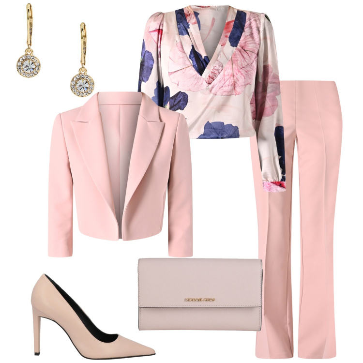 Outfit donna - Floreale vintage. Stile Chic per Cerimonia. Abbinamento con décolleté, borse a mano, pantaloni, bluse, blazer, orecchini.