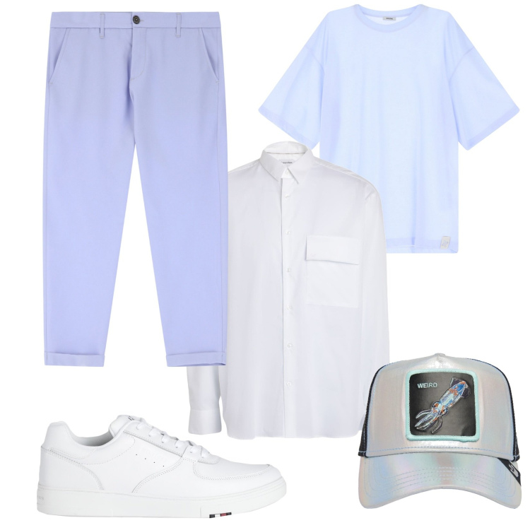 Outfit uomo - Polvere. Stile Trendy per Tutti i giorni. Abbinamento con sneakers, camicie, t-shirt, pantaloni chino, cappelli.