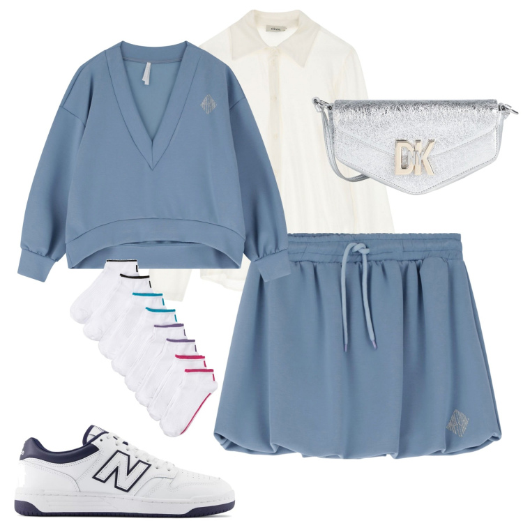 Outfit donna - La gonna a palloncino. Stile Casual per Tutti i giorni. Abbinamento con calzini, borse a tracolla, sneakers, minigonne, maglieria, camicie.