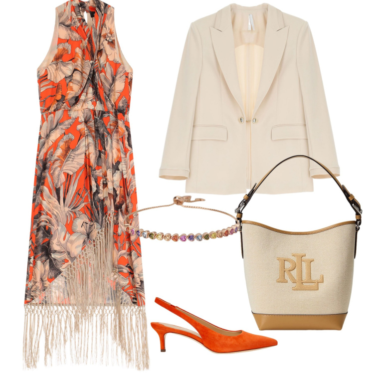 Outfit donna - Fiori astratti boho vintage. Stile Vintage retrò per Cerimonia. Abbinamento con braccialetti, blazer, vestiti midi/longuette, décolleté, borse a secchiello.