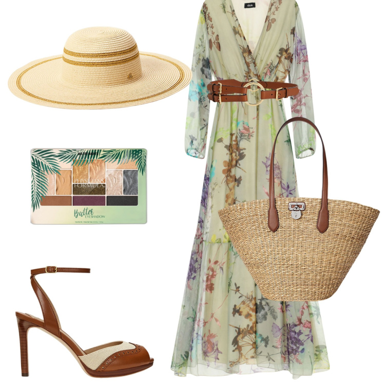 Outfit donna - Primavera boho. Stile Boho per Mare. Abbinamento con ombretti, vestiti lunghi, cinture, borse tote, sandali in pelle, cappelli.