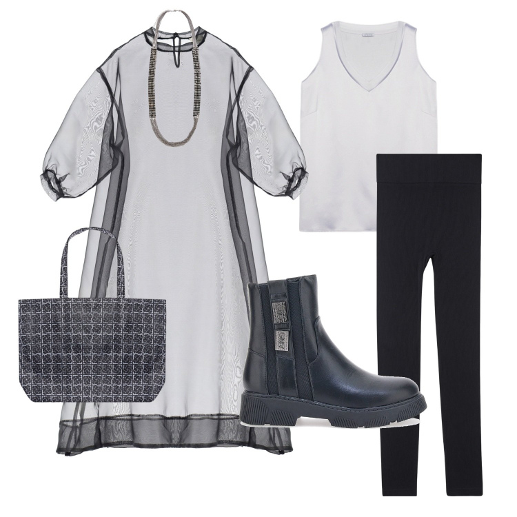 Outfit donna - Ghost. Stile Casual chic per Tutti i giorni. look ideale per Premaman. Abbinamento con leggings, vestiti lunghi, stivaletti chelsea, shopping bag, top, collane.