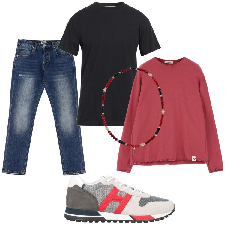 Outfit uomo - Total look #2079712. Stile Urban per Tutti i giorni. Abbinamento con t-shirt, sneakers, felpe, collane, jeans dritti.