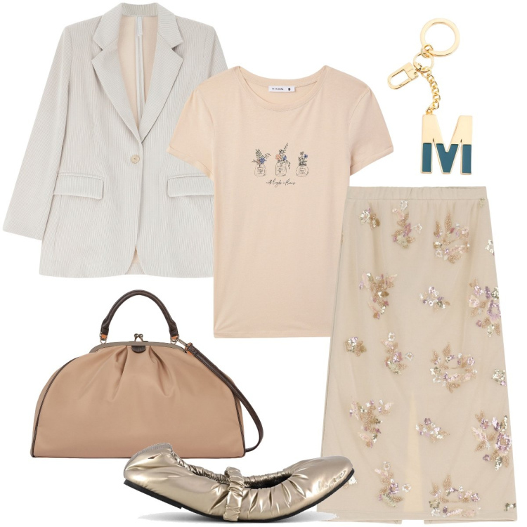 Outfit donna - La gonna romantica. Stile Romantica per Ufficio. Abbinamento con t-shirt, gonne, blazer, portachiavi, ballerine, borse a spalla.