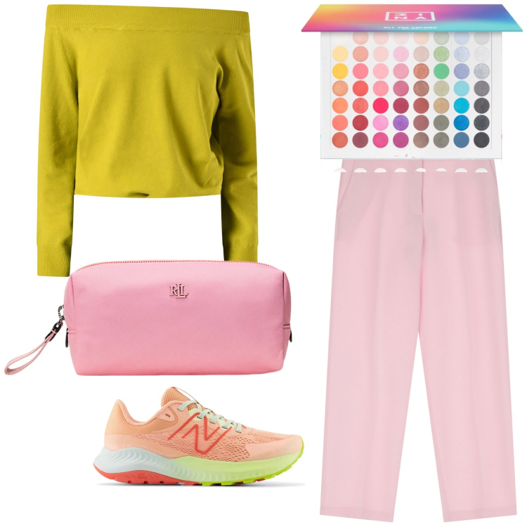 Outfit donna - Tutti i colori della primavera. Stile Trendy per Tutti i giorni. Abbinamento con ombretti, sneakers, maglieria, pantaloni, pochette.
