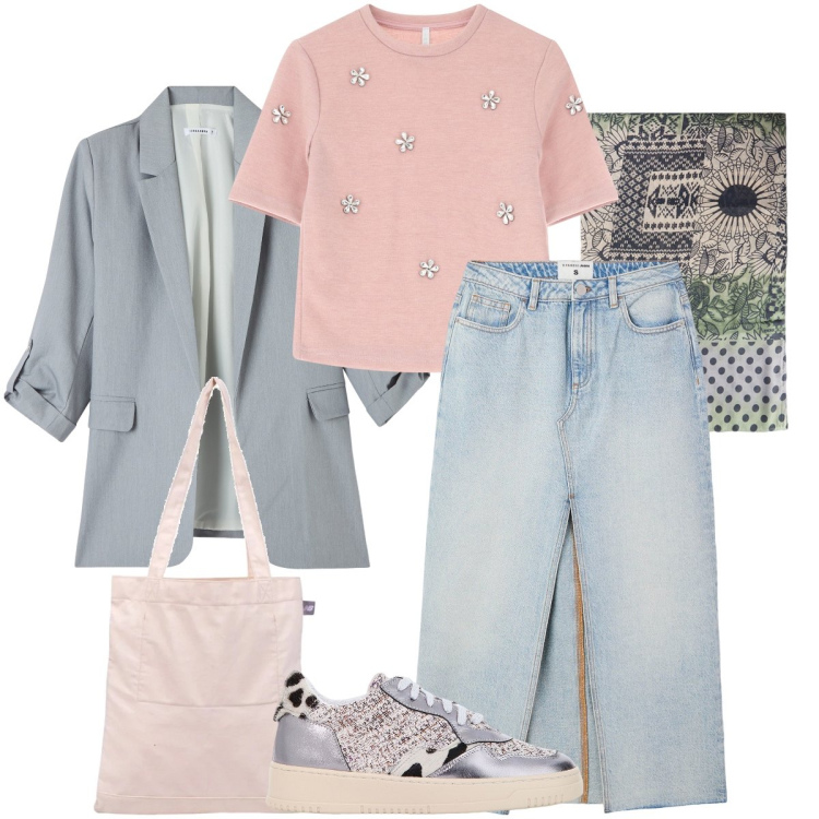 Outfit donna - Fiori in strass. Stile Trendy per Tutti i giorni. Abbinamento con blazer, gonne lunghe, shopping bag, maglieria, sneakers, stole.