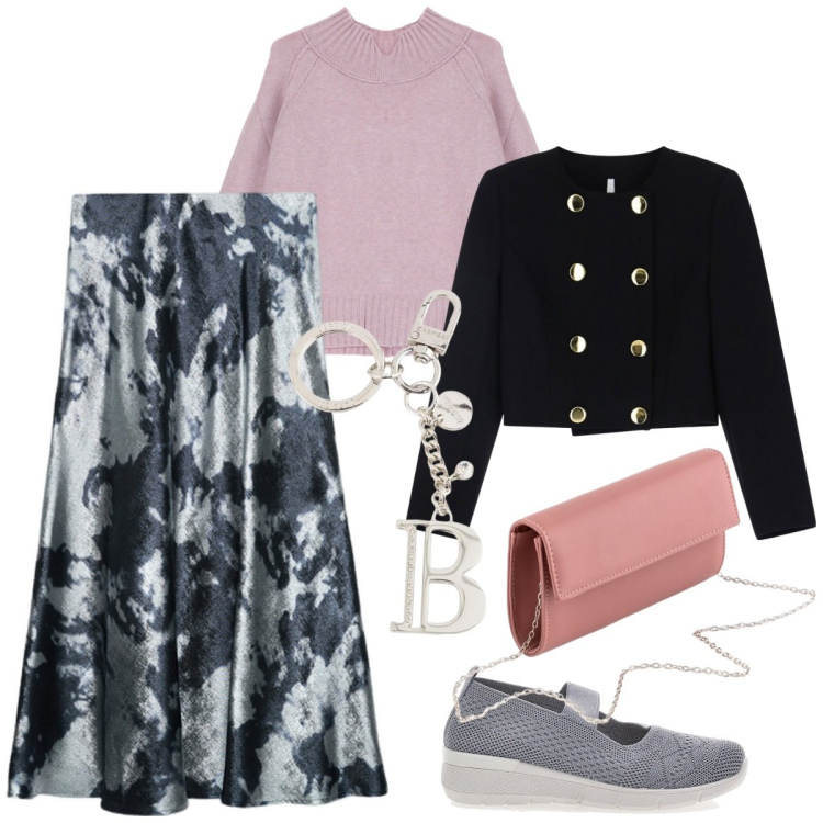 Outfit donna - Gonne midi per la primavera - curvy. Stile Romantica per Tutti i giorni. Abbinamento con blazer, maglieria, ballerine, gonne longuette, pochette, portachiavi.