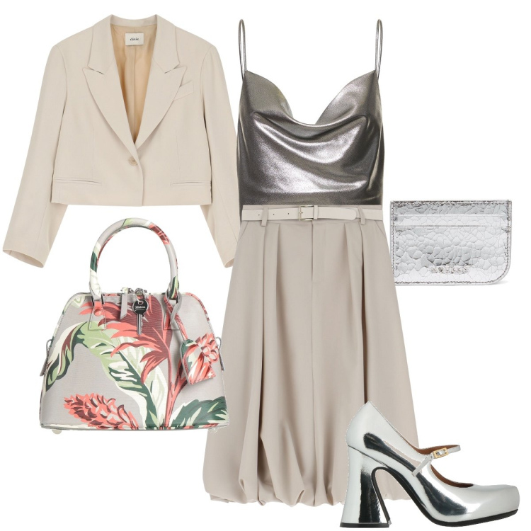 Outfit donna - Dettagli argentati. Stile Glamour per Cerimonia. Abbinamento con borse a mano, décolleté, gonne longuette, blazer, top, portafogli.