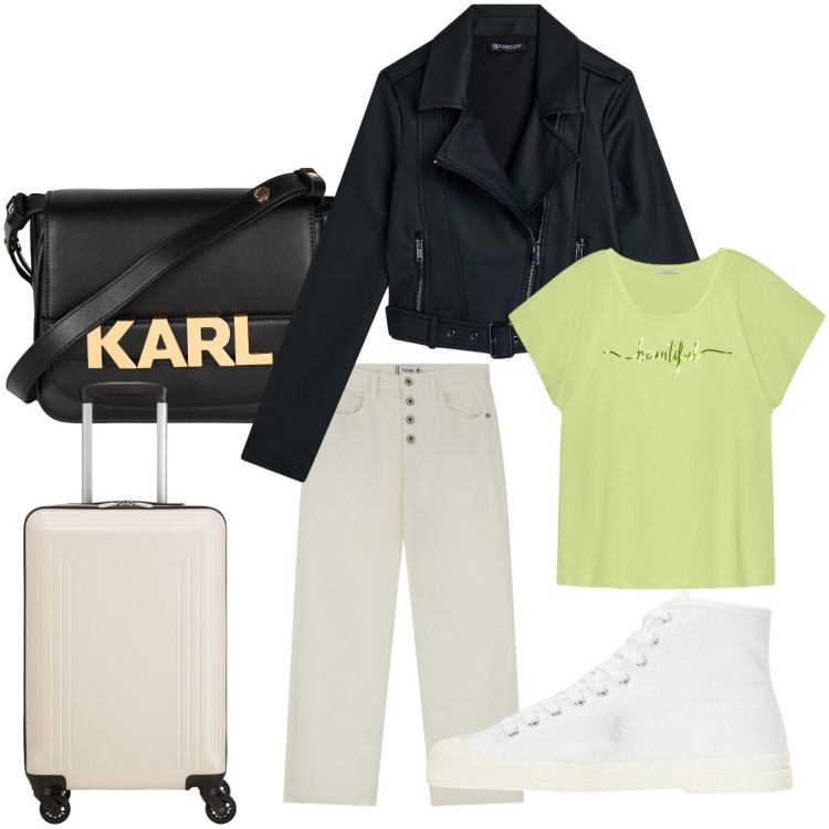 Outfit donna - Che il viaggio abbia inizio. Stile Basic per Tutti i giorni. Abbinamento con borse a tracolla, pantaloni, giacche, sneakers alte, valigie, t-shirt.