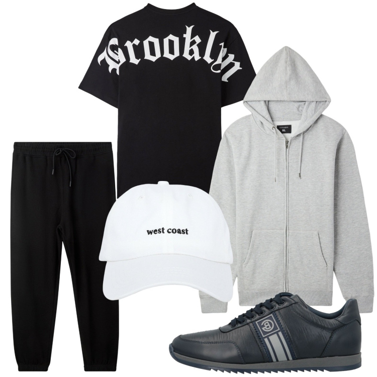 Outfit uomo - T-shirt brooklyn. Stile Trendy per Tutti i giorni. Abbinamento con sneakers, felpe con cappuccio, cappelli, pantaloni, t-shirt.