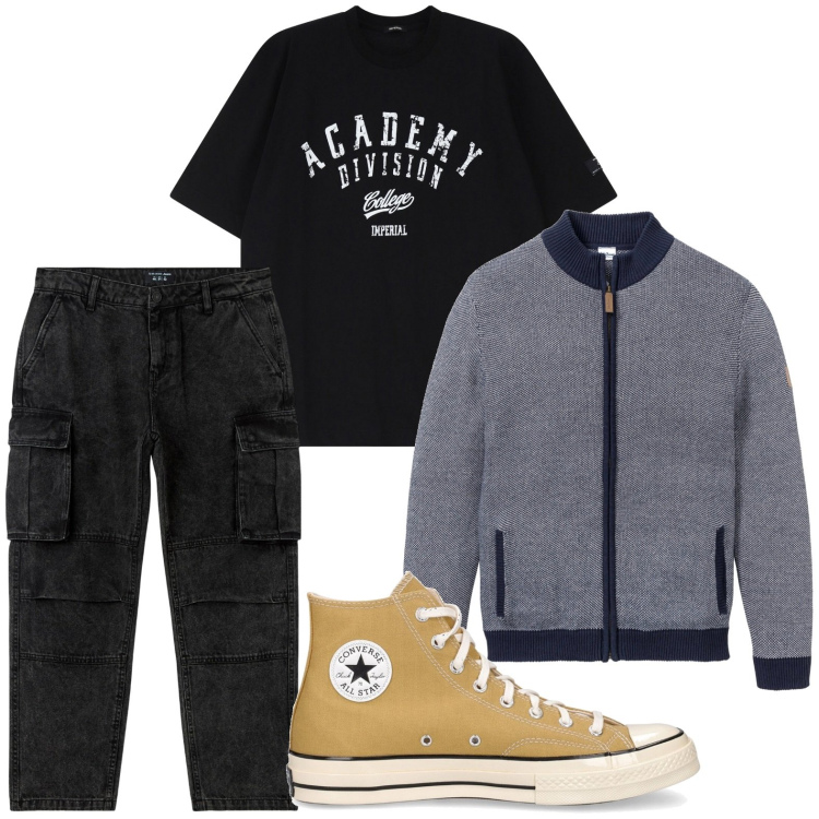 Outfit uomo - T-shirt grafica. Stile Urban per Tutti i giorni. Abbinamento con cardigans, jeans, t-shirt, sneakers.