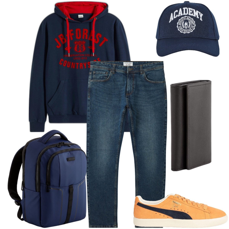 Outfit uomo - Espressione personale attraverso slogan. Stile Casual per Tutti i giorni. Abbinamento con felpe con cappuccio, sneakers, jeans, cappelli con visiera, portamonete, borse sportive.