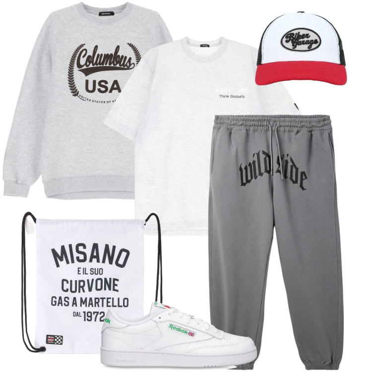 Outfit uomo - Un outfit con slogan. Stile Casual per Sport. Abbinamento con borse sportive, pantaloni, cappelli con visiera, felpe, t-shirt, sneakers.