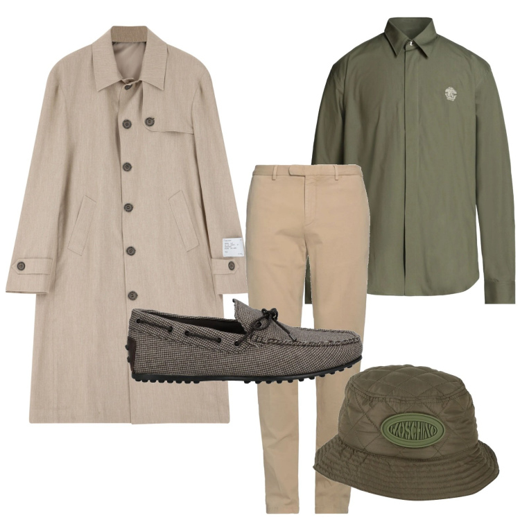 Outfit uomo - Trench primaverile. Stile Urban per Ufficio. Abbinamento con pantaloni chino, cappelli, scarpe stringate, camicie, trench.