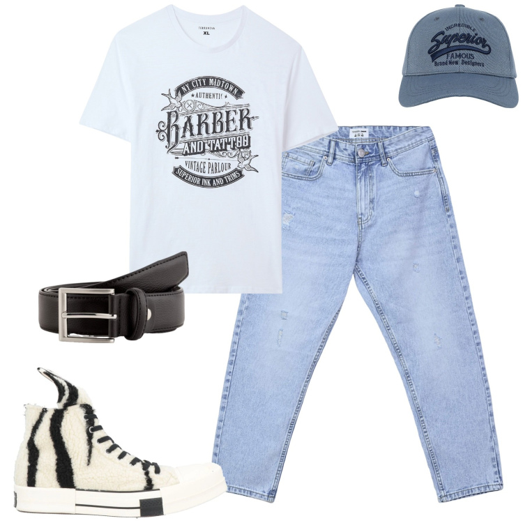 Outfit uomo - That\'s me. Stile Casual per Tutti i giorni. Abbinamento con sneakers alte, jeans strappati, cappelli con visiera, t-shirt, cinture.