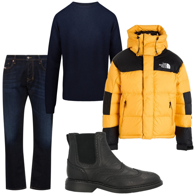 Outfit uomo - Il piumino trapuntato. Stile Trendy per Tutti i giorni. Abbinamento con stivali e stivaletti, piumini, maglieria, jeans dritti.