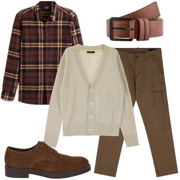 Outfit uomo - Cardigan sabbia d\'oriente. Stile Urban per Tutti i giorni. Abbinamento con camicie, pantaloni cargo, cardigans, scarpe stringate, cinture.