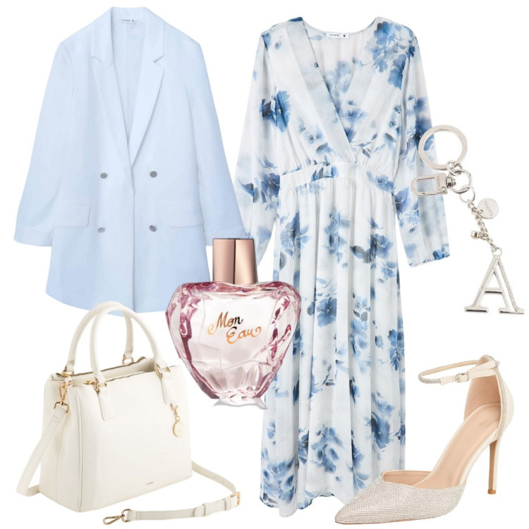 Outfit donna - Floreale vintage in primavera. Stile Vintage retrò per Cerimonia. Abbinamento con profumi, blazer, vestiti lunghi, décolleté, borse a mano, portachiavi.