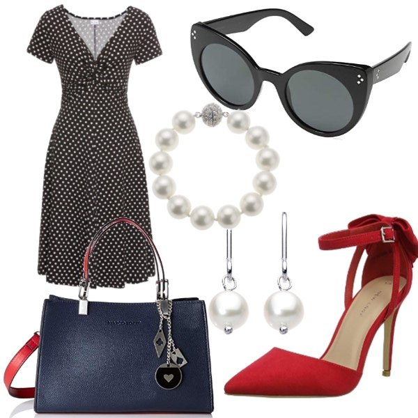 Outfit donna - Anni 60 stile. Stile Bon Ton per Tutti i giorni. Abbinamento con vestiti lunghi, borsetta navy, occhiali da sole nero, scarpe col tacco rosso, bracciale in ottone multicolore, orecchini pendenti in sterling 925 argento.